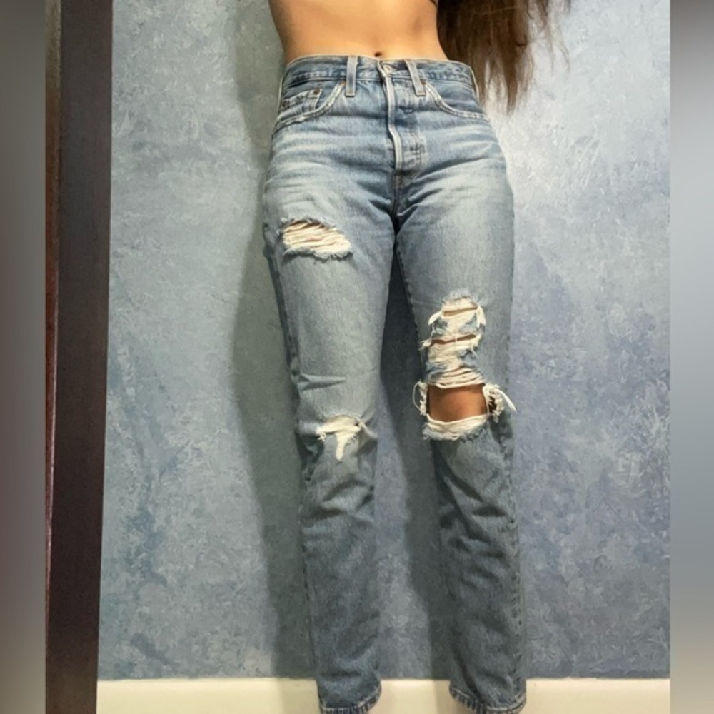 Levi's Women's 501 S Skinny Button Fly High Rise Distressed Jeans - Light Blue